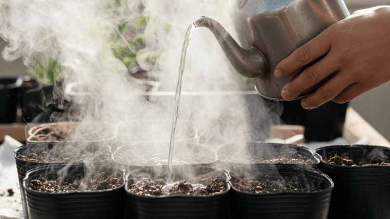 手順2：用土をポットに入れ熱湯で殺菌する