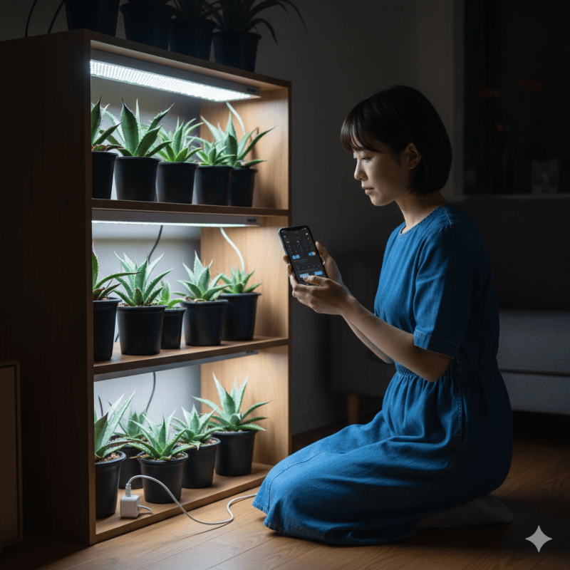 夜間、育成ライトが点灯しているアガベ棚の前で、スマートフォンのアプリを使ってスマートプラグのタイマー設定を確認する日本人女性。