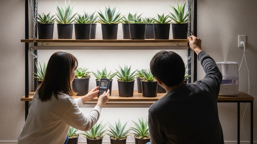 室内で育成ライトを使ってアガベの栽培棚を管理する日本人夫婦。ライトの高さや環境を調整している。