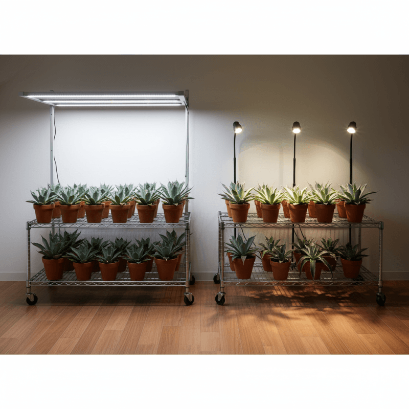 広範囲を均一に照らすパネル型育成ライトでアガベを育てる棚と、スポットライト型育成ライトでアガベを育てる棚の比較。