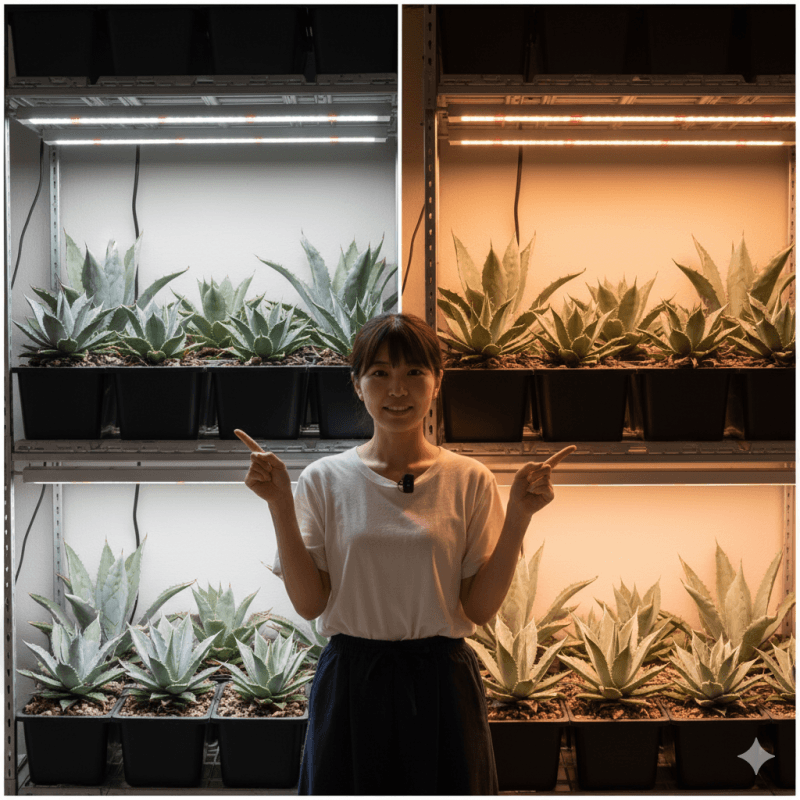 アガベが並ぶ育成棚の前で、白色の育成ライト(左)と暖色の育成ライト(右)を指し示している日本人女性。ライトの色の違いがアガベの見え方に与える影響を比較しており、白色光の自然な見え方を強調している。