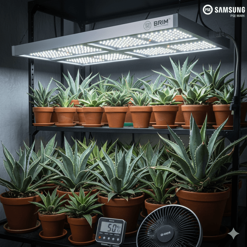 BRIM(ブリム)の育成ライトが設置されたアガベ育成棚の全景。ライトには「BRIM」のロゴと「Samsung」のLEDチップを示すロゴ、および「PSE MARK」の表示がされており、品質と安全性をアピールしている。棚の下段にはサーキュレーターも見える。