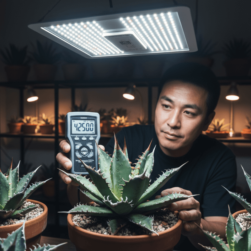 アガベの育成ライトの下で、照度計(ルクスメーター)を使ってアガベの株元に当たる光量を測定している日本人男性。照度計には「42500」という数値が表示されており、アガベ育成におけるルクスの重要性を伝えている。