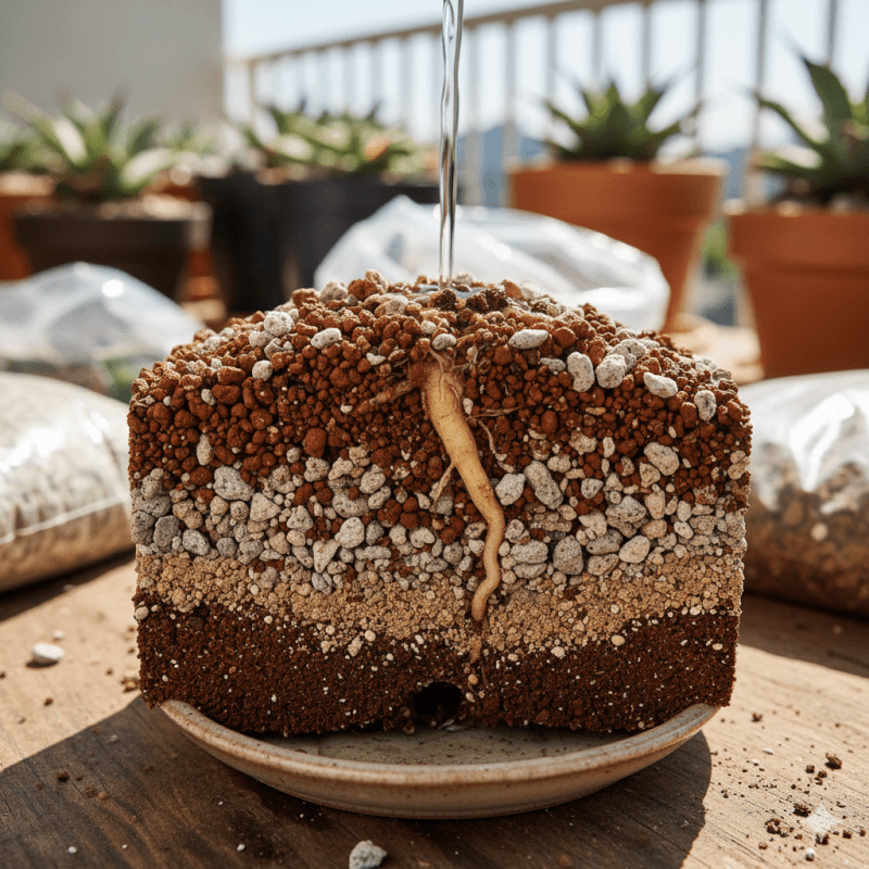 様々な粒度の土が層になった断面図で、根が伸びているアガベの土のモデル。水やりで水が土の中を流れ落ちている様子。