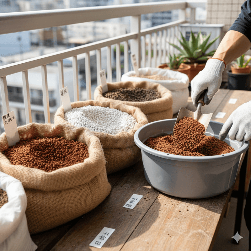 バルコニーで麻袋に入った赤玉土、鹿沼土、軽石、日向土など各種用土をスコップで混ぜ合わせる日本人男性の手元。