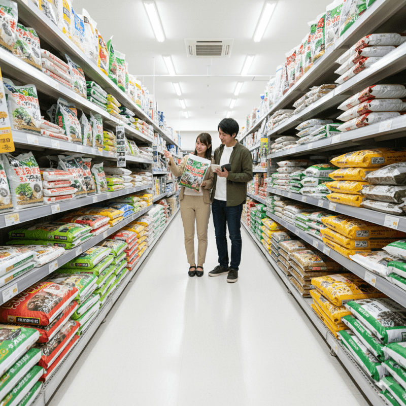 ホームセンターの園芸用品売り場で、土の袋を選ぶ若い日本人夫婦。様々な種類の園芸用土が棚に並んでいる。