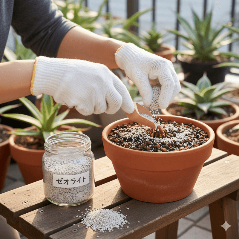 アガベの鉢植えにゼオライトを混ぜ込む日本人女性の手元。ラベルに「ゼオライト」と書かれた瓶と木製のスコップが見える。