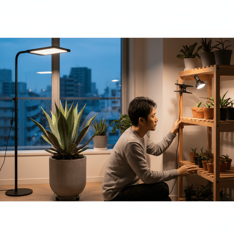 リビングで、スタンドライトに照らされた大型のアガベと、木製シェルフにクリップライトで照らされた複数の小型アガベを世話する日本人男性。様々な設置方法が提示されている。