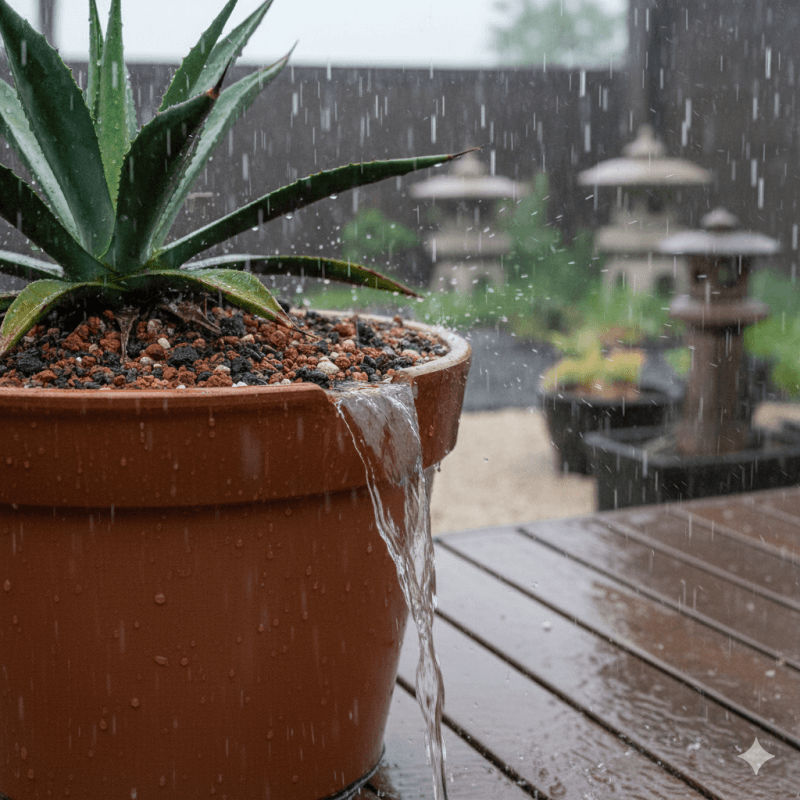 屋外で雨が降る中、鉢植えのアガベから勢いよく水が排水されている様子。